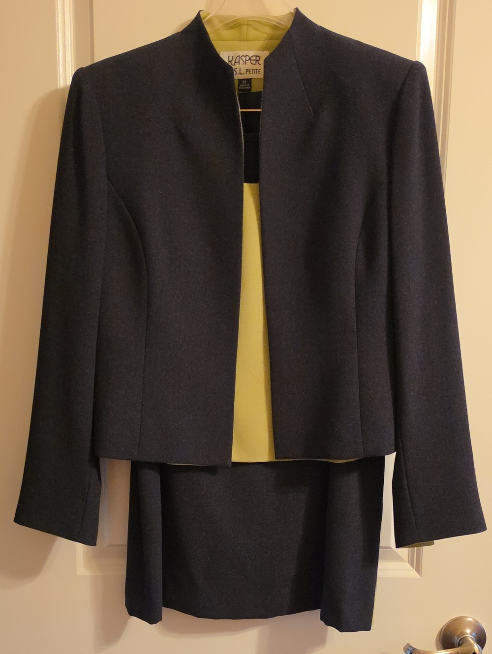 Kasper Petite Charcoal and Lime Green 3 Piece Skirt Suit.